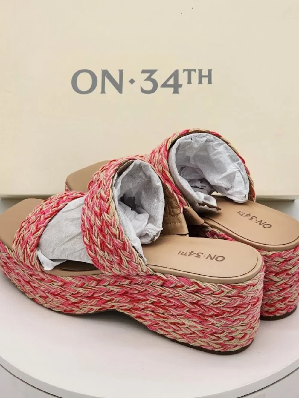 On 34th Norina Pink Multi Raffia Platform Wedge Sandals Women’s Size 9M